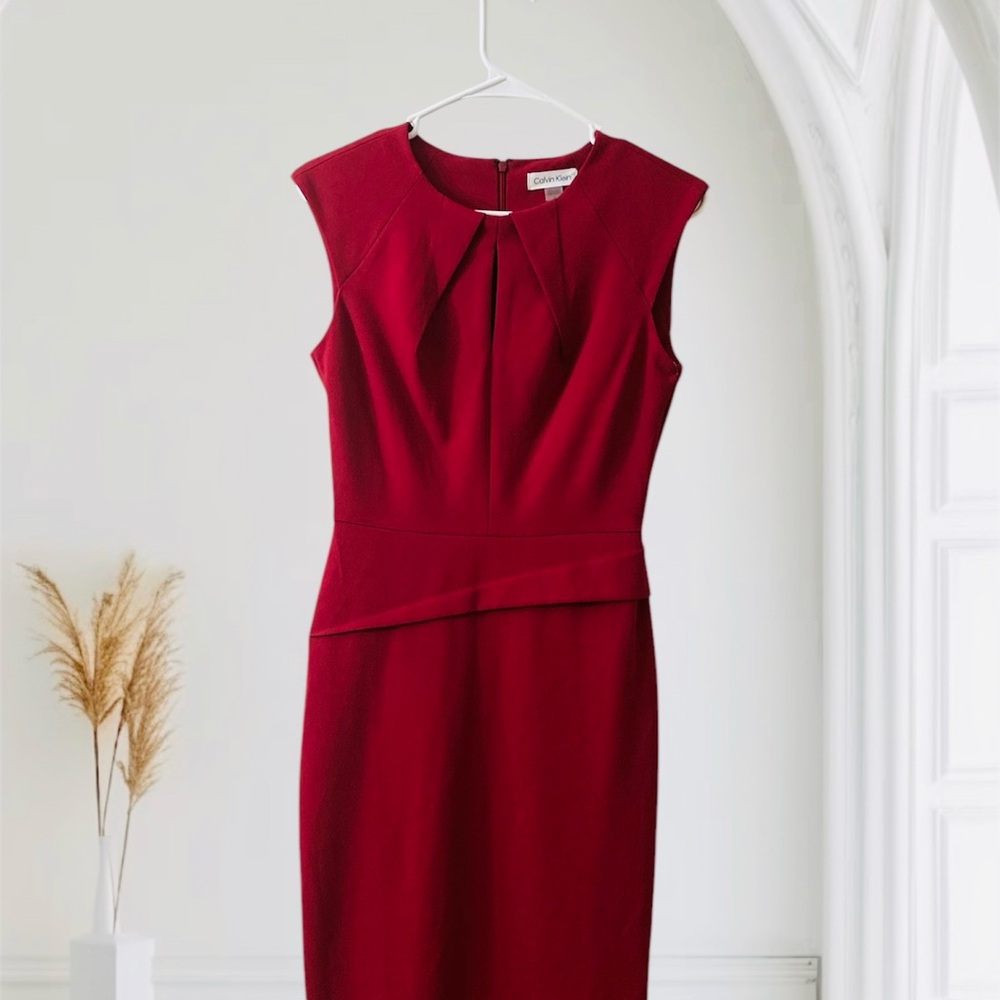Karen Millen Red Pleated Sheath Midi Dress